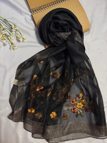 Pearl Floral Embroidered Organza- Luxury Hijabs- Black