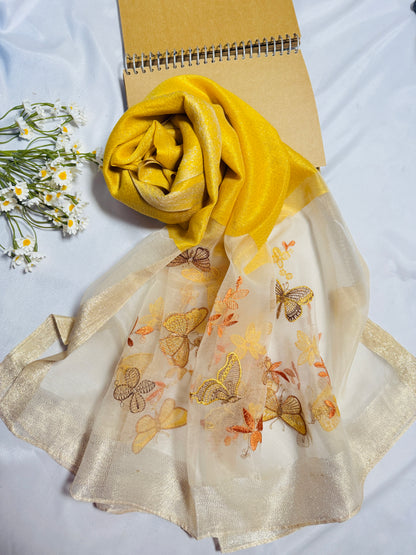 Butterfly Embroidered Organza- Luxury Hijabs- Mustard Yellow