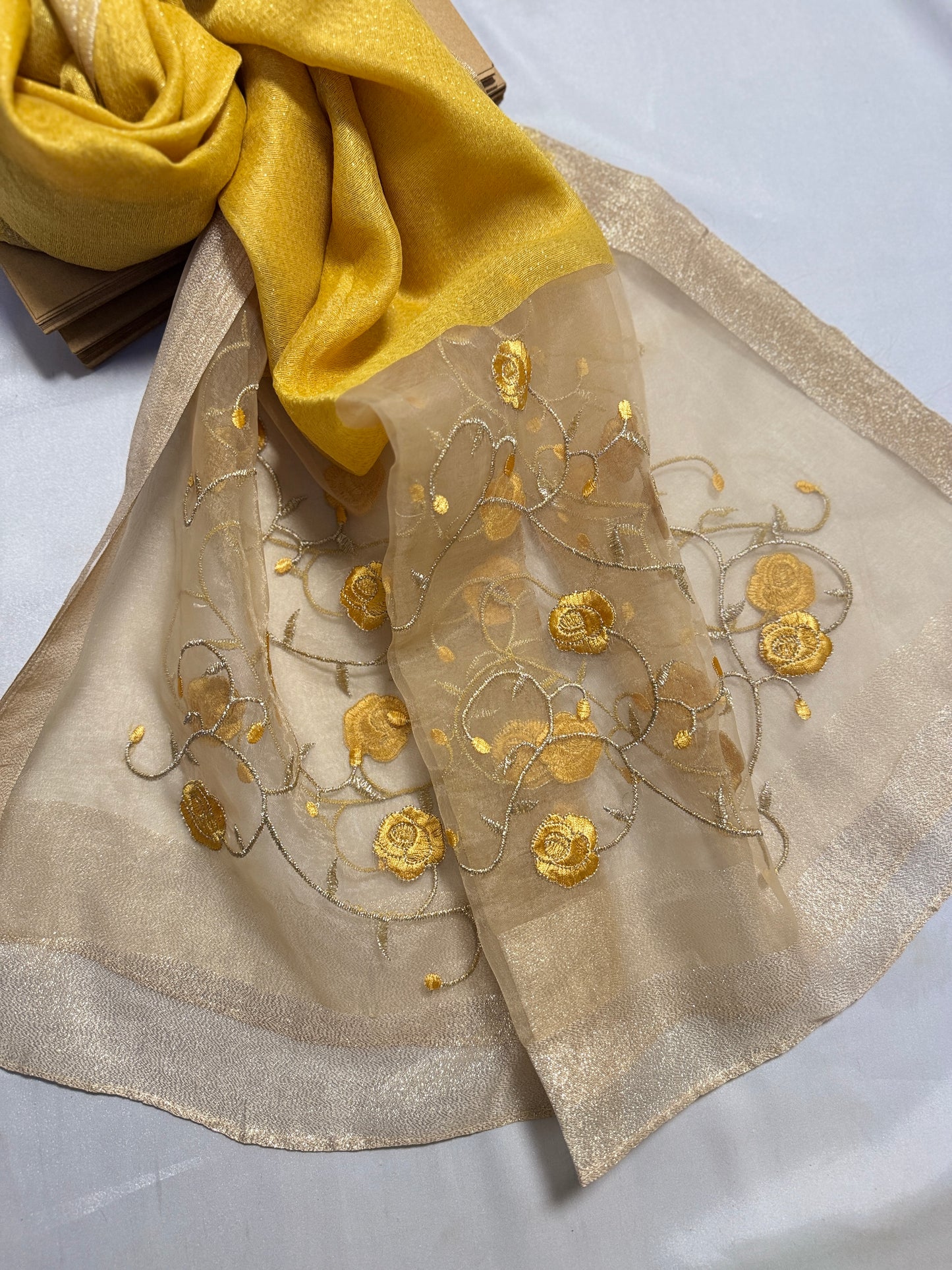 Peony Flowers Embroidered Organza- Luxury Hijabs- Mustard Yellow
