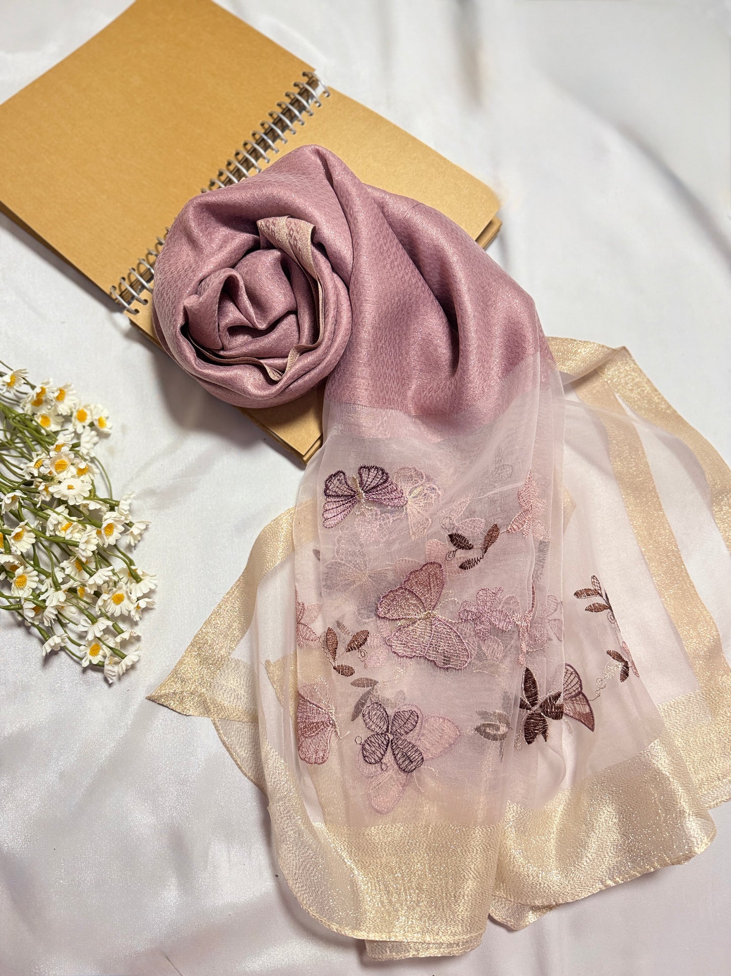 Butterfly Embroidered Organza- Luxury Hijabs- Lilac Muave