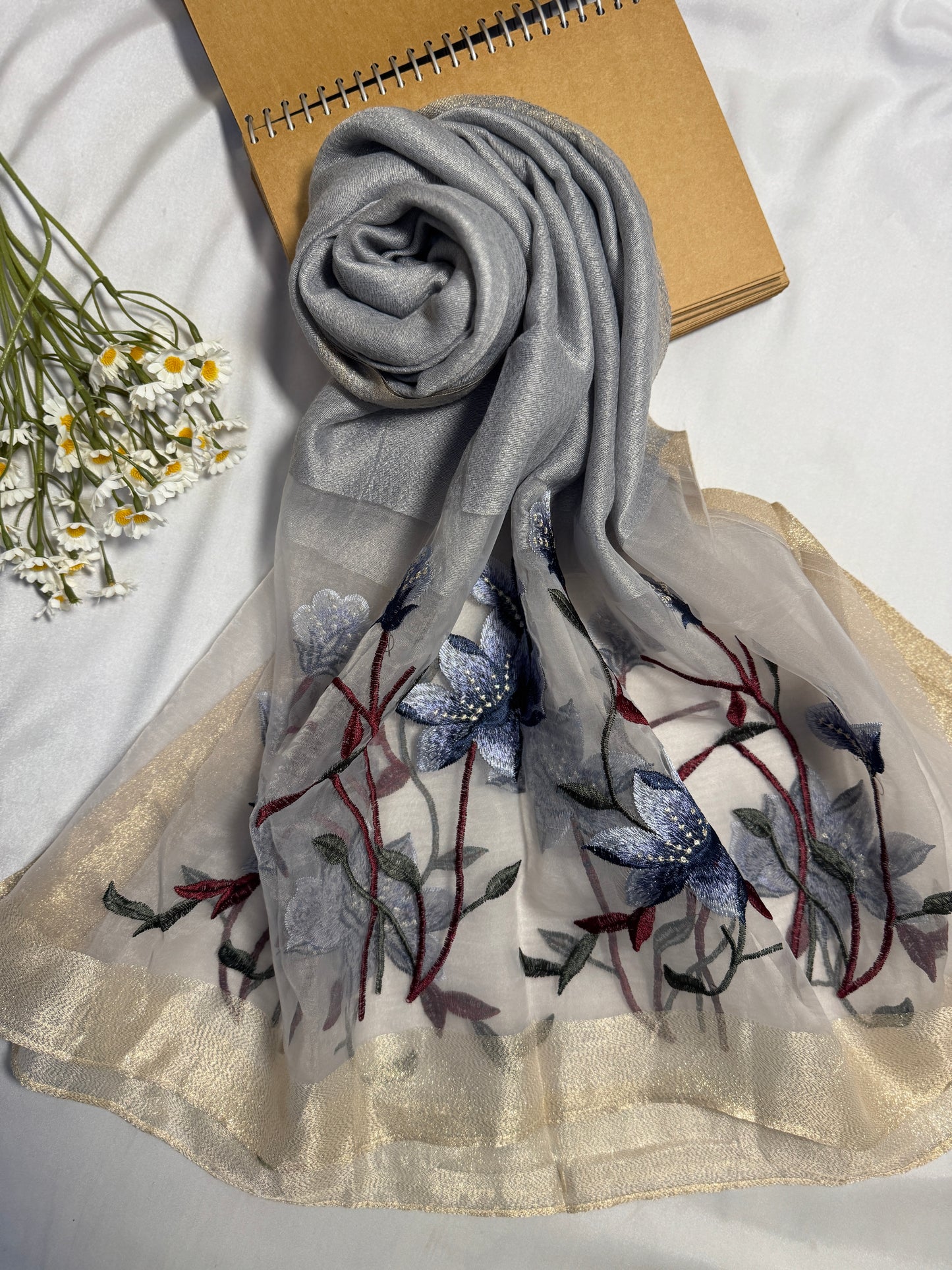 Lilies Embroidered Organza- Luxury Hijabs- Silver