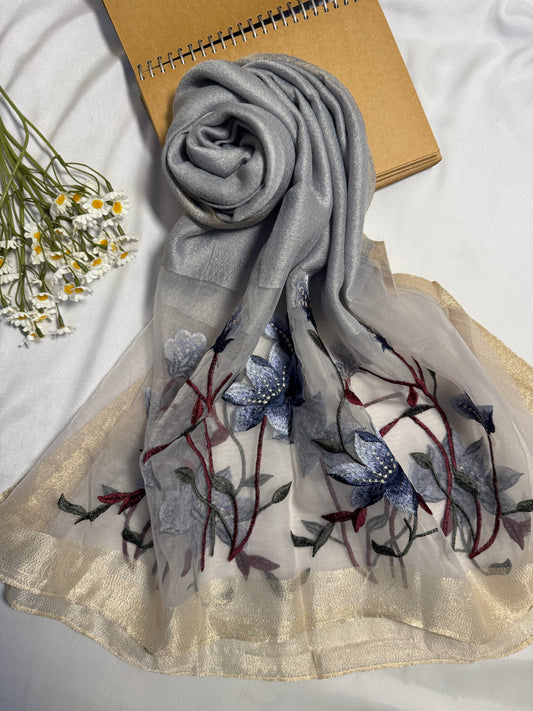 Lilies Embroidered Organza- Luxury Hijabs- Silver