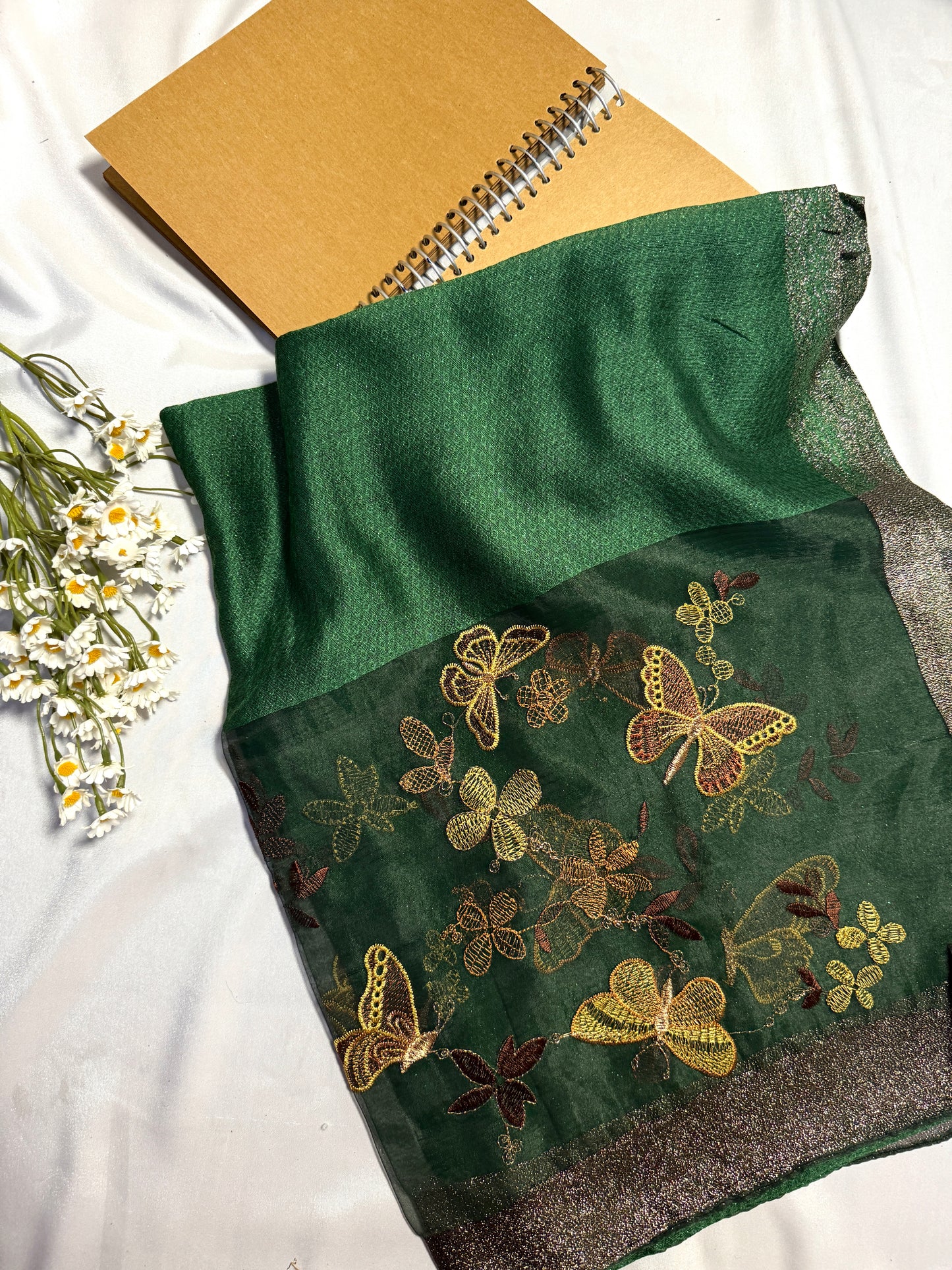 Butterfly Embroidered Organza- Luxury Hijabs- Dark Green