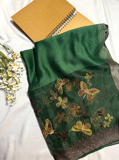 Butterfly Embroidered Organza- Luxury Hijabs- Dark Green