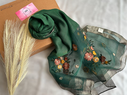 Rose Embroidered Organza- Luxury Hijabs- Dark Green