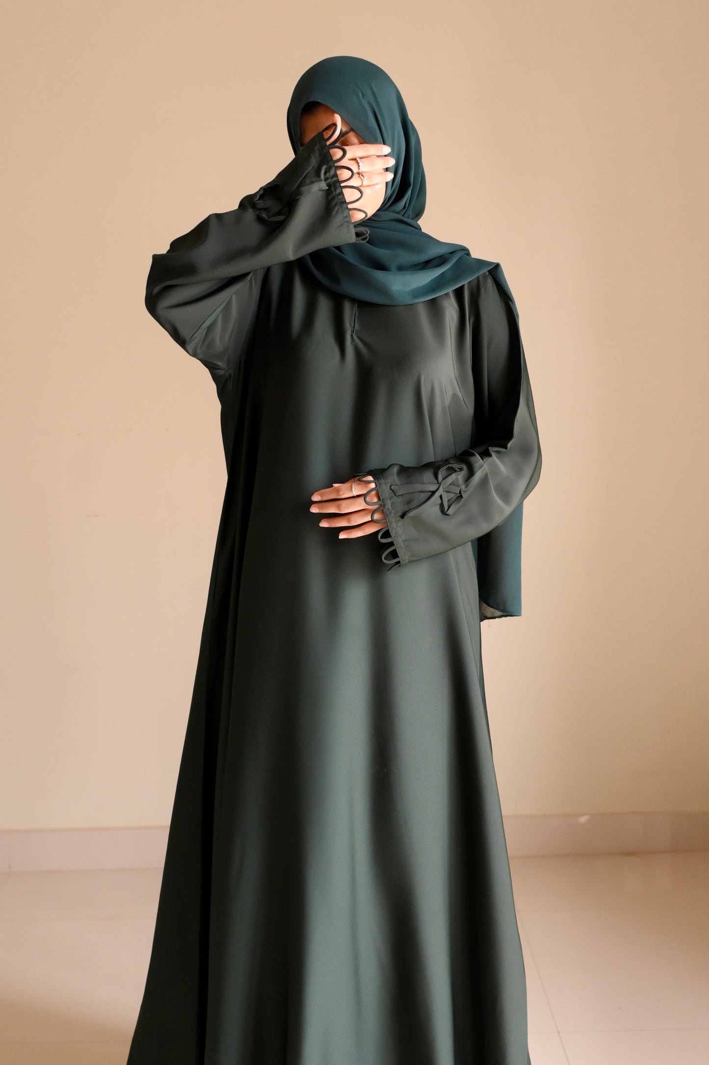 Elysian Bow Sleeve Nida Abaya- Bottle Green