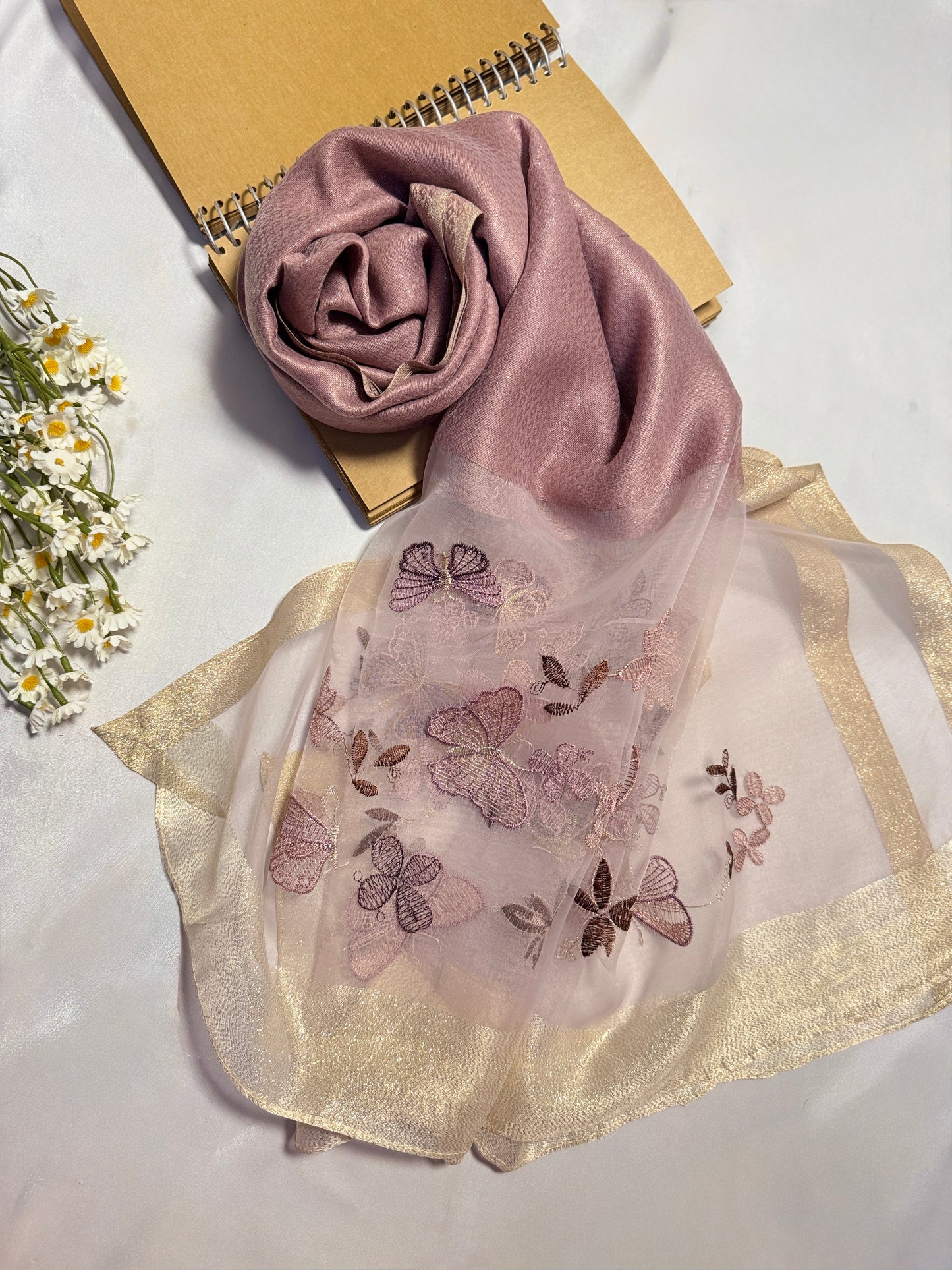 Butterfly Embroidered Organza- Luxury Hijabs- Lilac Muave