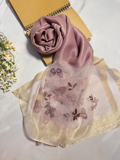 Butterfly Embroidered Organza- Luxury Hijabs- Lilac Muave