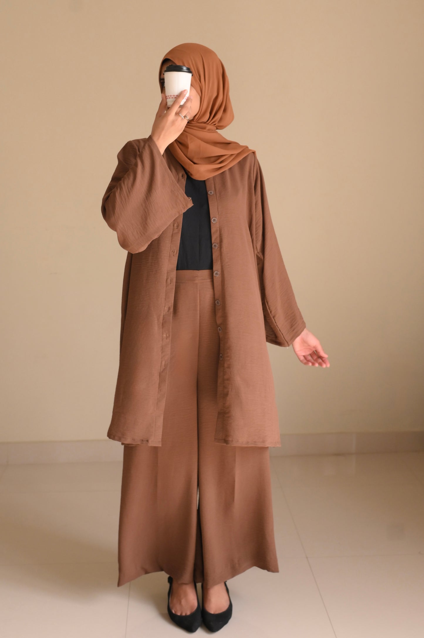 Button Down-Modest Coord Set- Coffee Brown