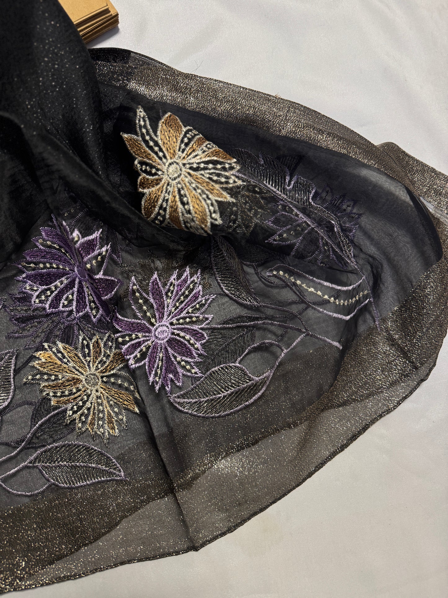 Daffodils Embroidered Organza- Luxury Hijabs- Black