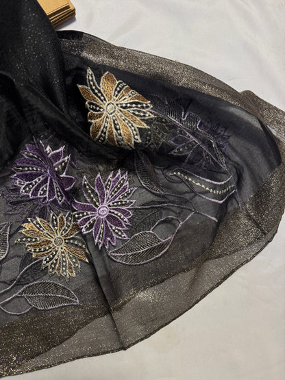 Daffodils Embroidered Organza- Luxury Hijabs- Black
