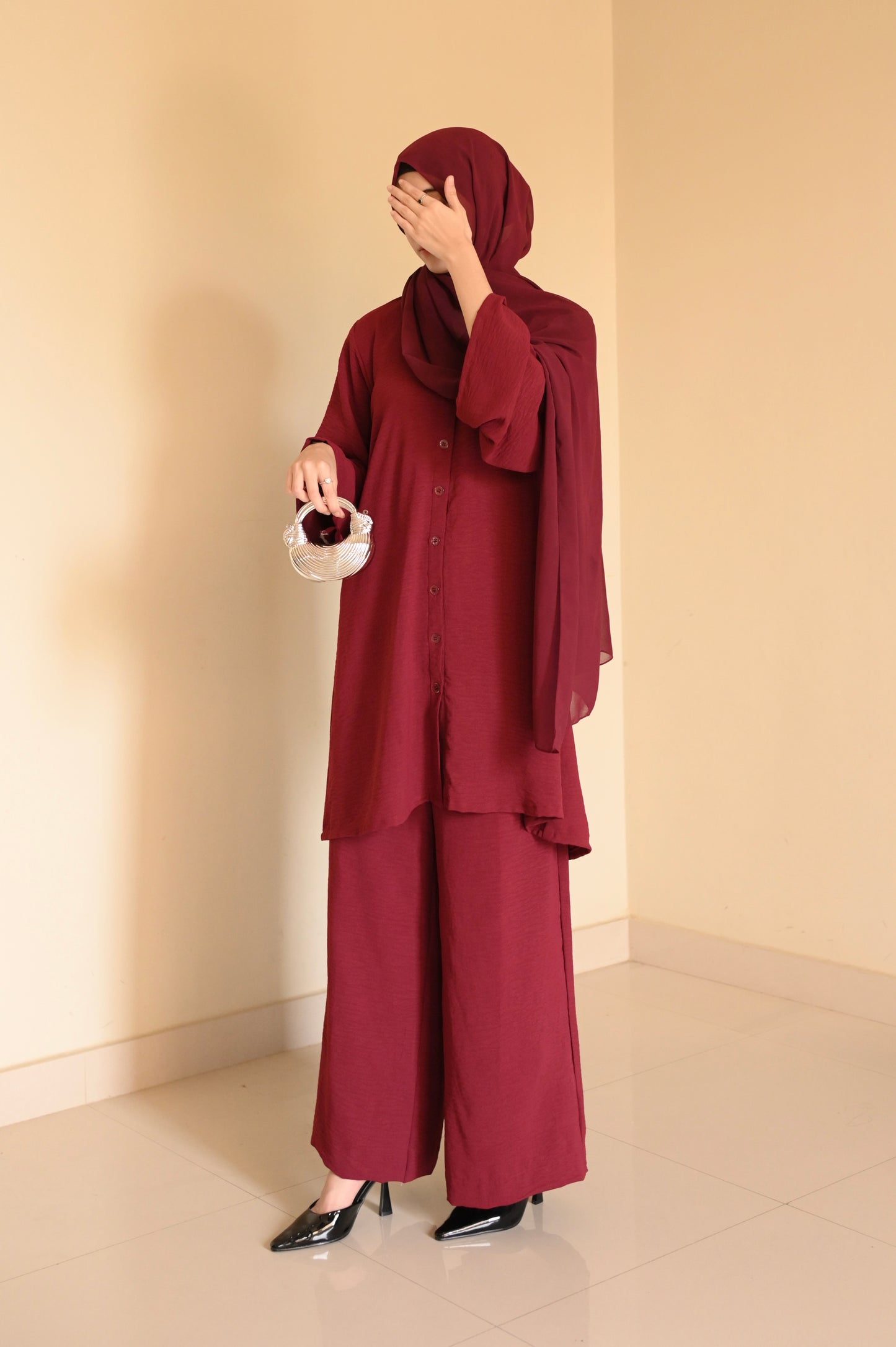 Button Down-Modest Coord Set- Maroon