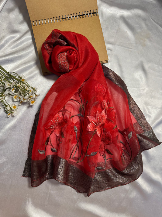 Lilies Embroidered Organza- Luxury Hijabs- Red