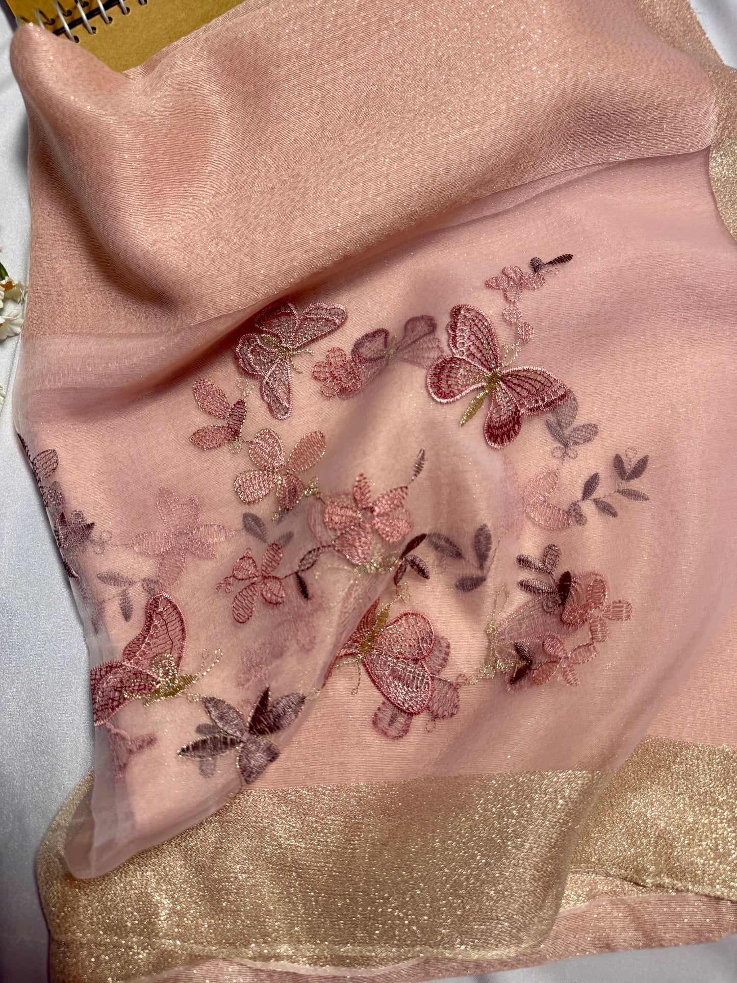 Butterfly Embroidered Organza- Luxury Hijabs- Rose Pink