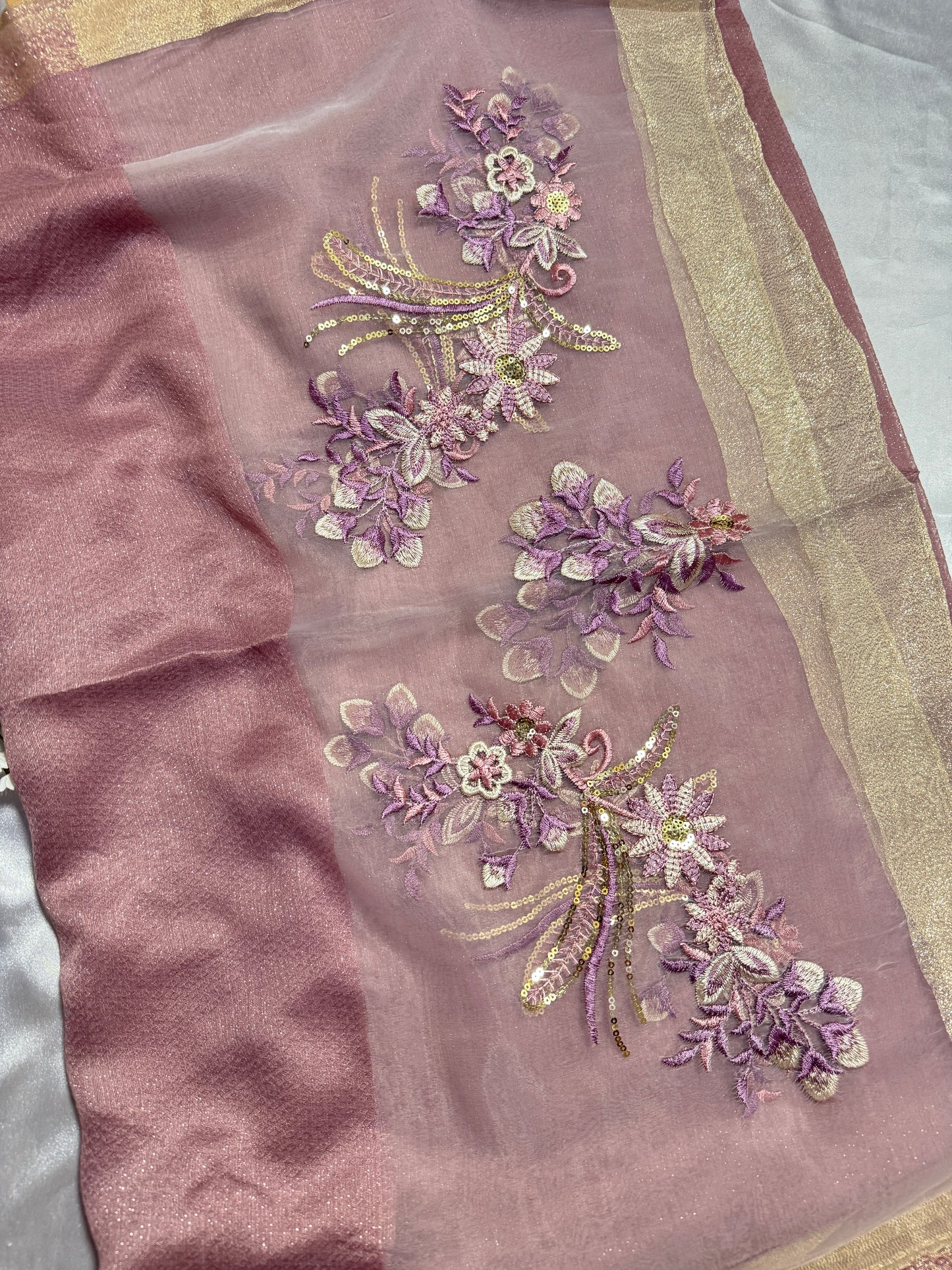Sequins Floral Embroidered Organza- Luxury Hijabs- Muave