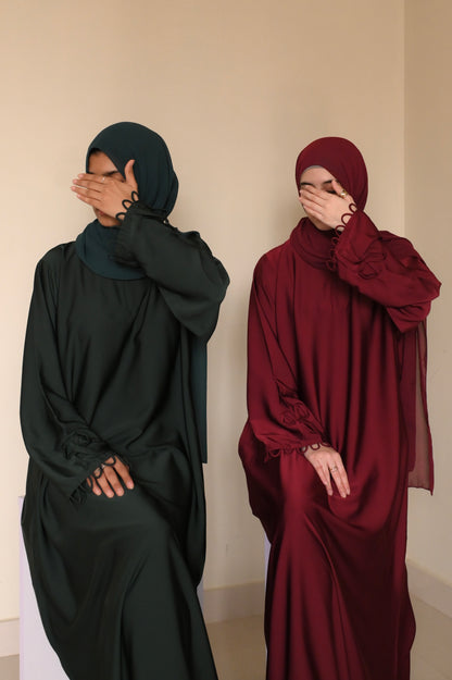 Elysian Bow Sleeve Nida Abaya- Bottle Green