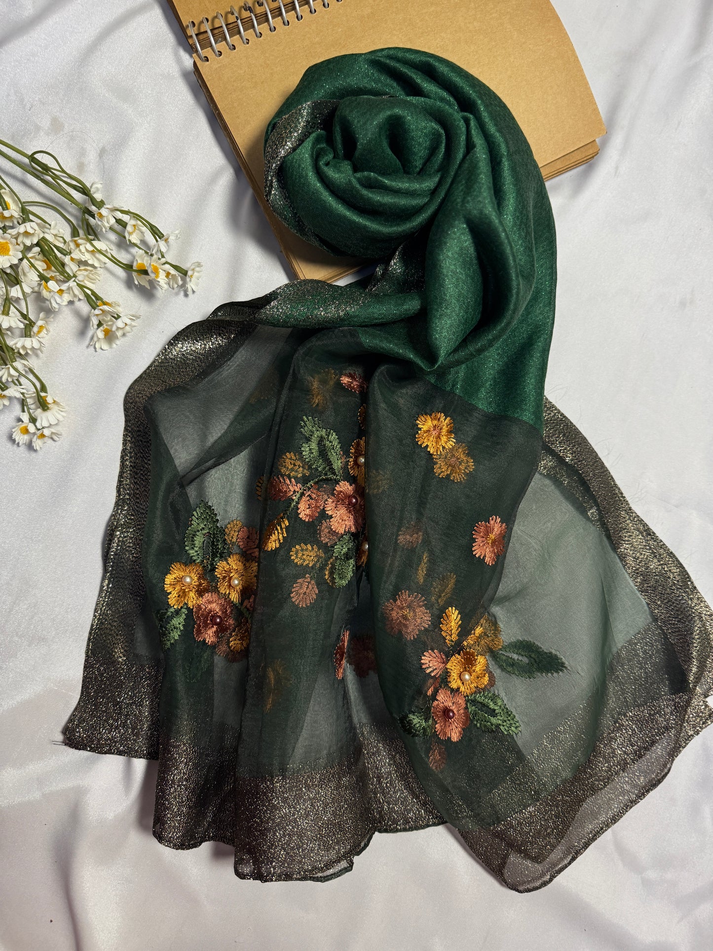 Pearl Floral Embroidered Organza- Luxury Hijabs- Dark Green