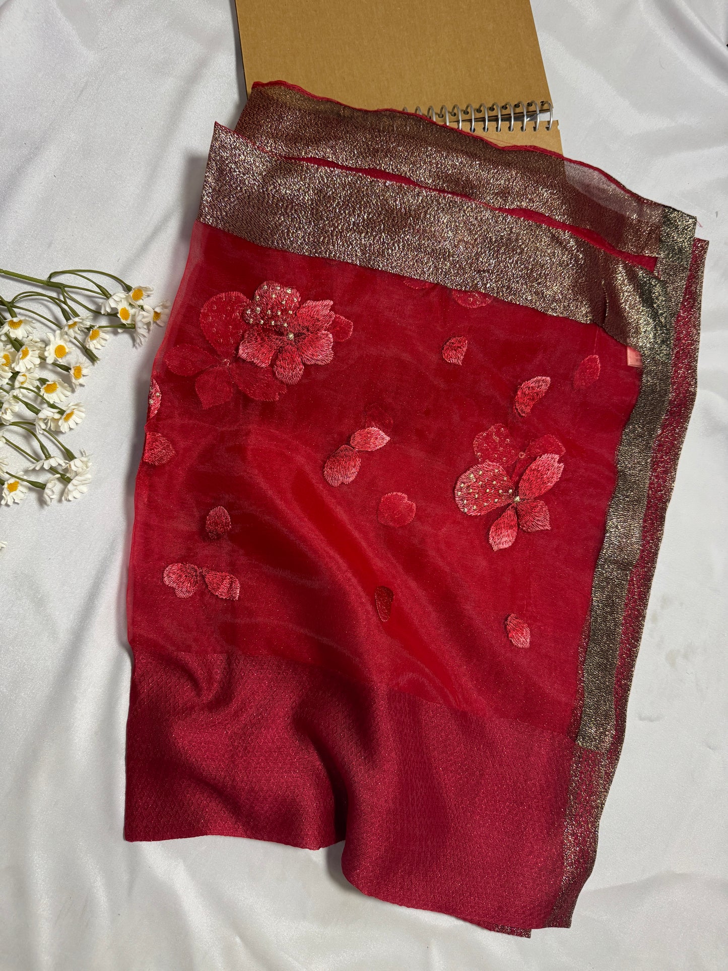 Poppy Flower Embroidered Organza- Luxury Hijabs- Maroon