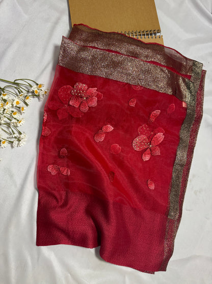 Poppy Flower Embroidered Organza- Luxury Hijabs- Maroon