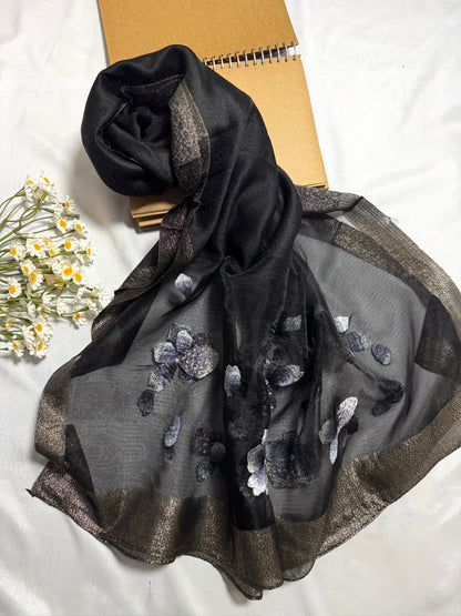 Poppy Flower Embroidered Organza- Luxury Hijabs- Black