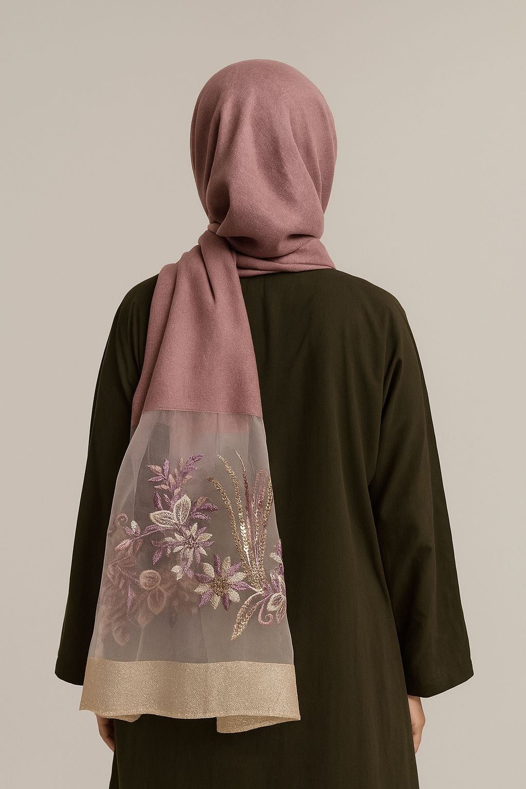 Sequins Floral Embroidered Organza- Luxury Hijabs- Muave