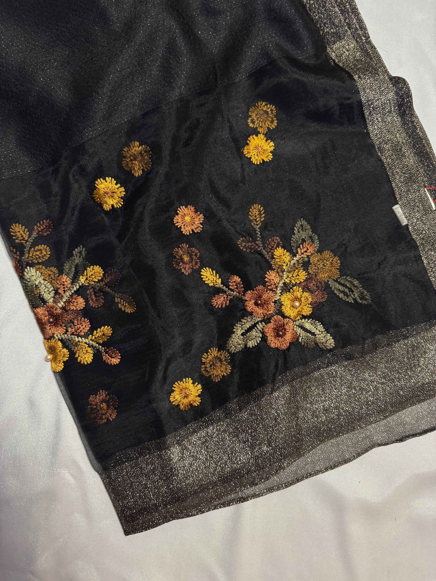 Pearl Floral Embroidered Organza- Luxury Hijabs- Black