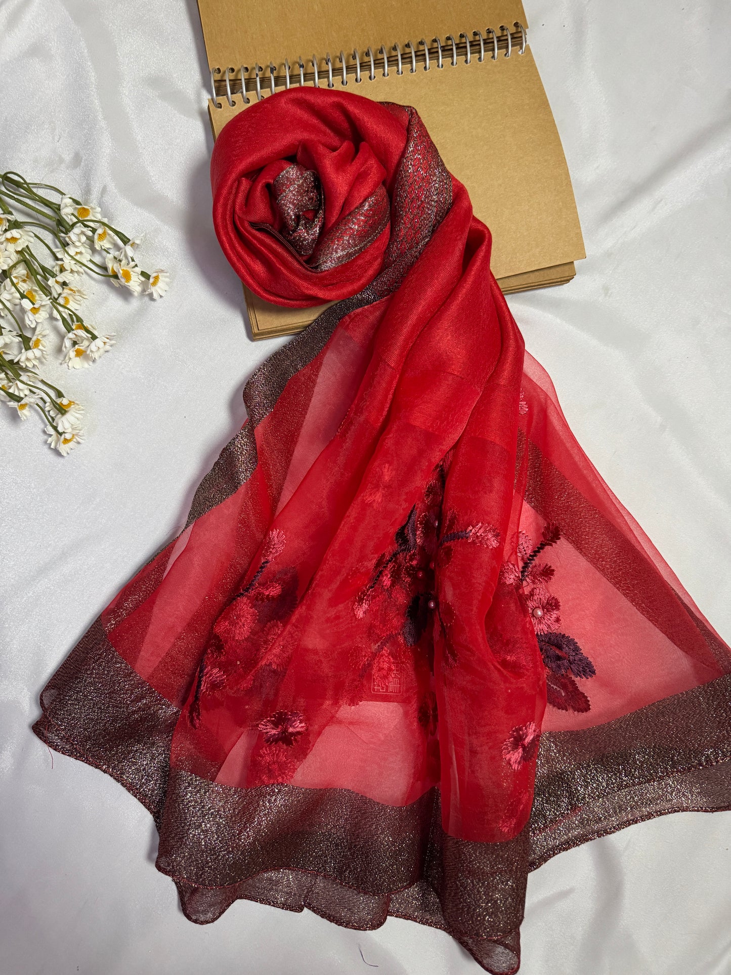 Pearl Floral Embroidered Organza- Luxury Hijabs- Red