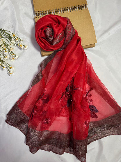 Pearl Floral Embroidered Organza- Luxury Hijabs- Red