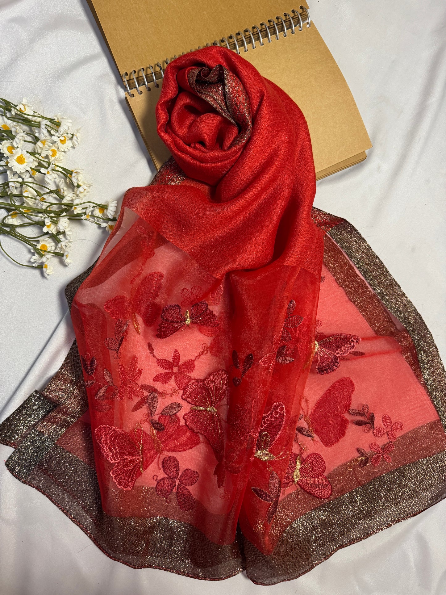 Butterfly Embroidered Organza- Luxury Hijabs- Red