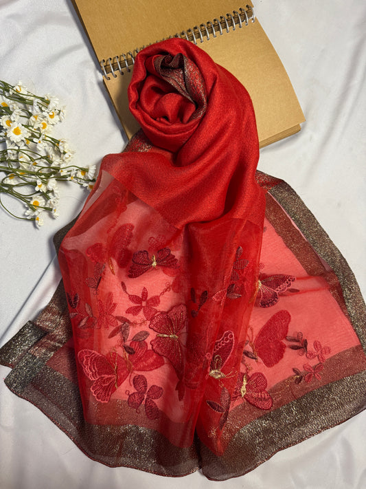 Butterfly Embroidered Organza- Luxury Hijabs- Red