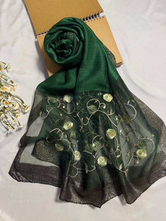 Peony Flowers Embroidered Organza- Luxury Hijabs- Dark Green