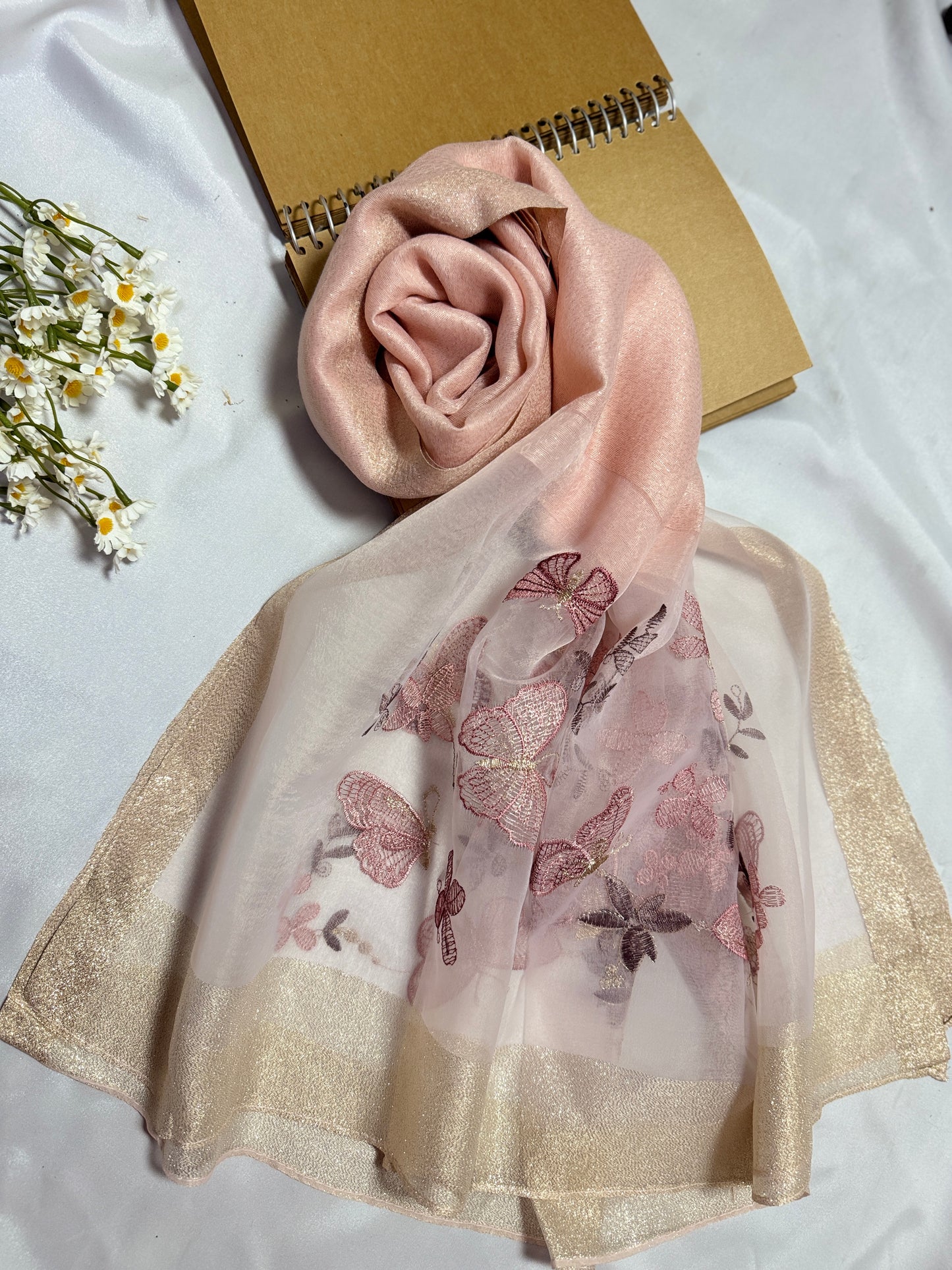 Butterfly Embroidered Organza- Luxury Hijabs- Rose Pink