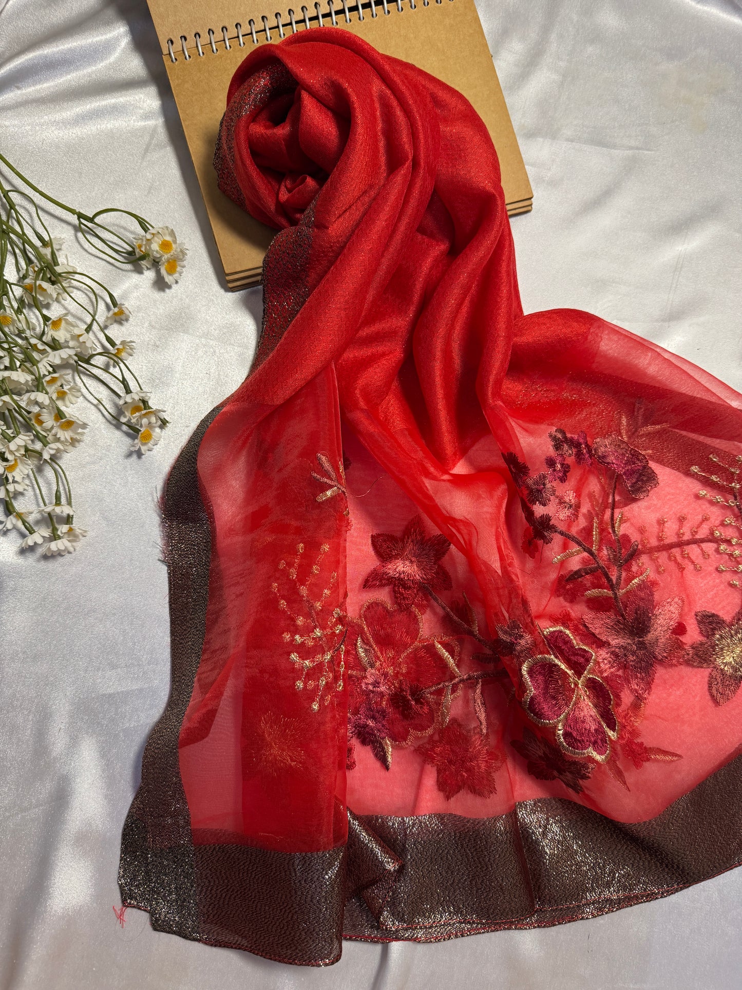 Rose Embroidered Organza- Luxury Hijabs- Red