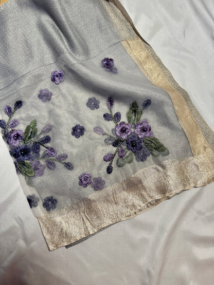Pearl Floral Embroidered Organza- Luxury Hijabs- Silver