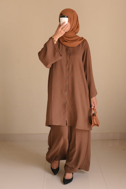 Button Down-Modest Coord Set- Coffee Brown