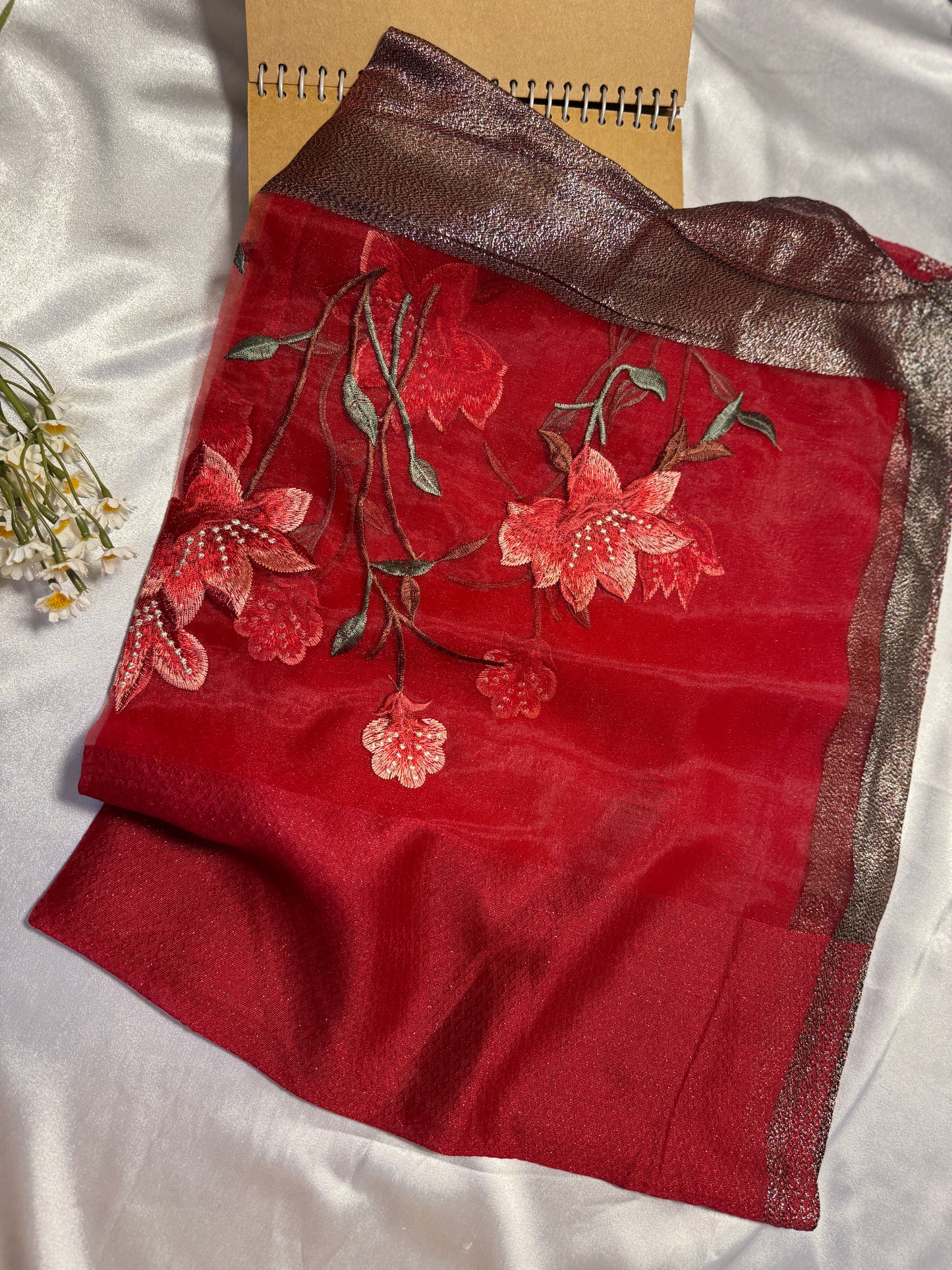 Lilies Embroidered Organza- Luxury Hijabs- Maroon