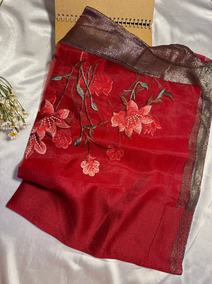 Lilies Embroidered Organza- Luxury Hijabs- Maroon