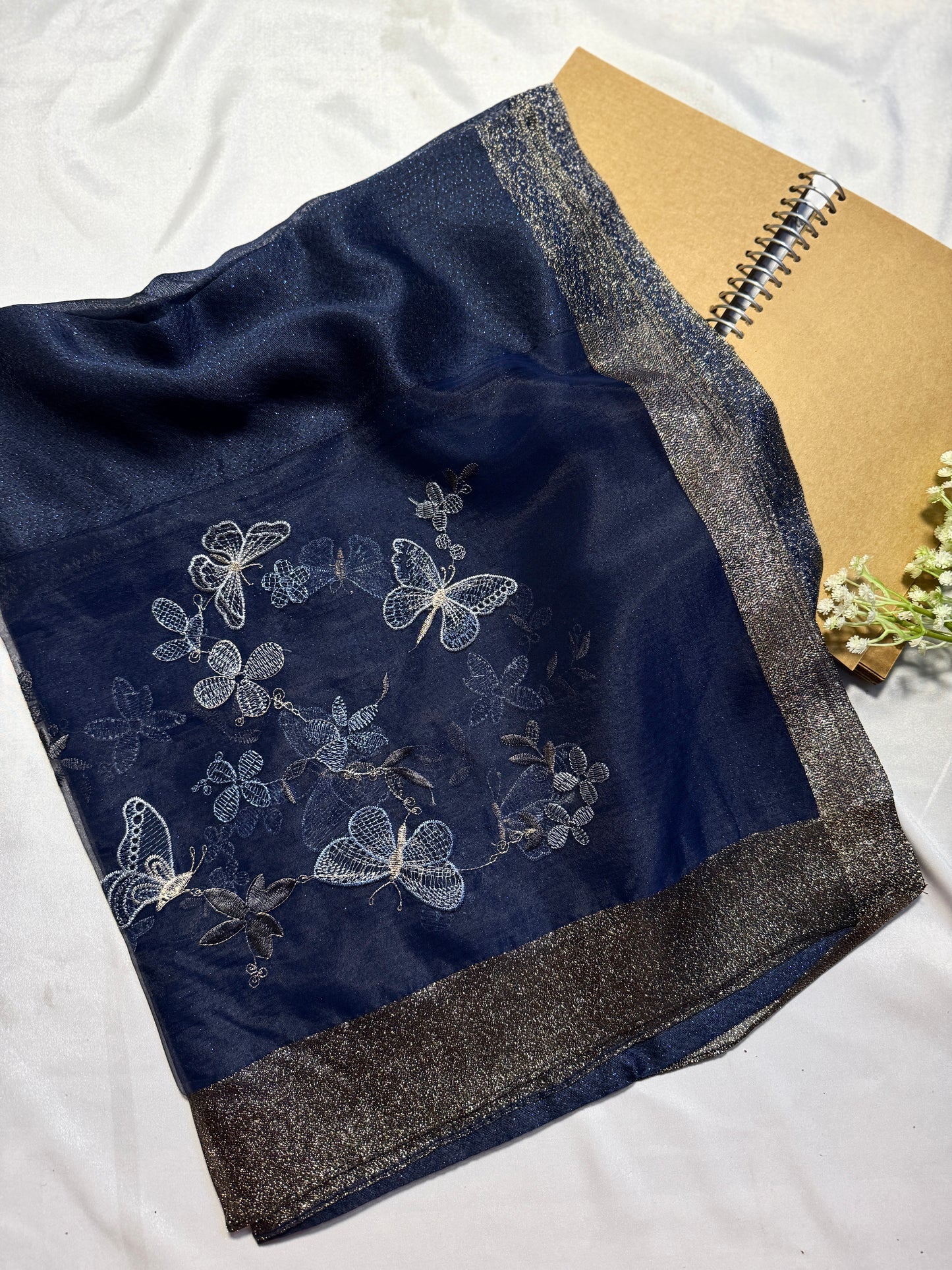 Butterfly Embroidered Organza- Luxury Hijabs- Navy Blue