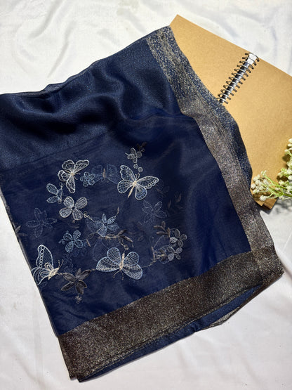 Butterfly Embroidered Organza- Luxury Hijabs- Navy Blue