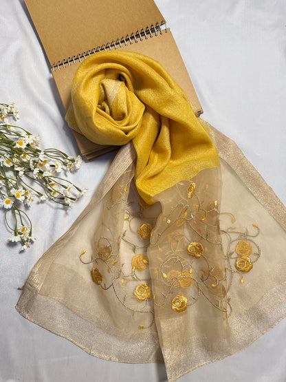 Peony Flowers Embroidered Organza- Luxury Hijabs- Mustard Yellow
