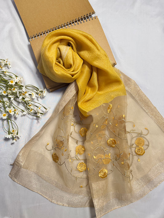 Peony Flowers Embroidered Organza- Luxury Hijabs- Mustard Yellow