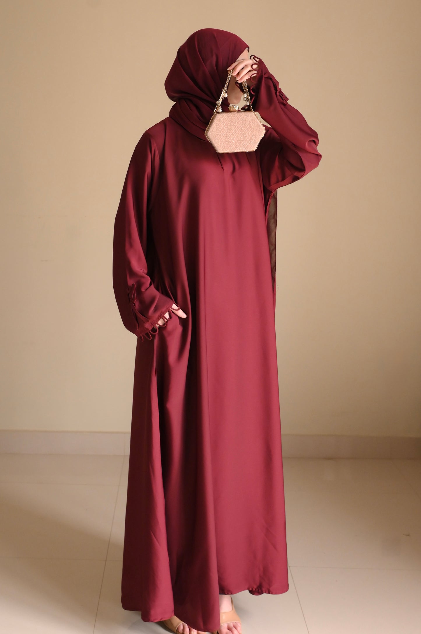 Elysian Bow Sleeve Nida Abaya- Deep Maroon