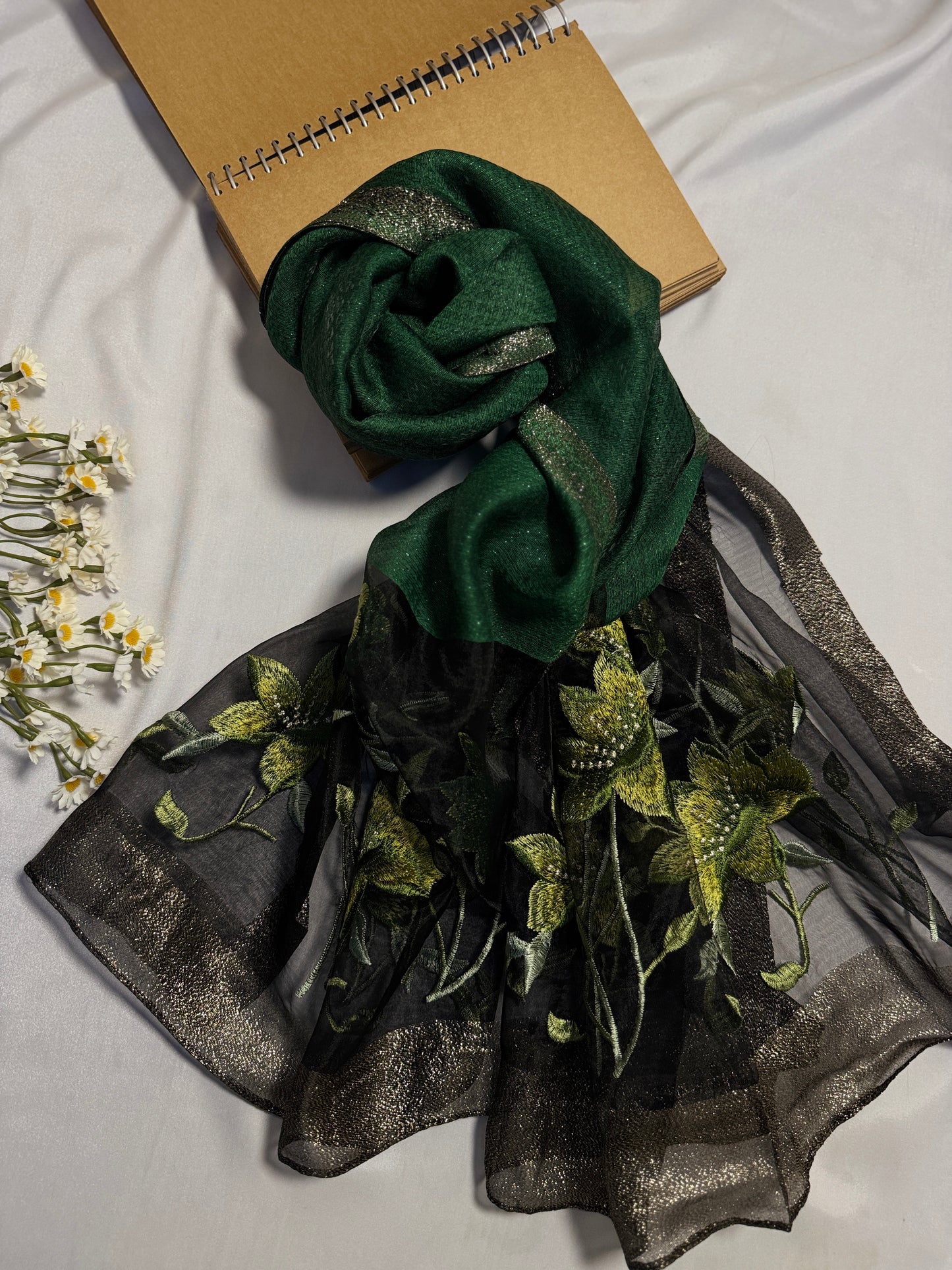 Lilies Embroidered Organza- Luxury Hijabs- Dark Green