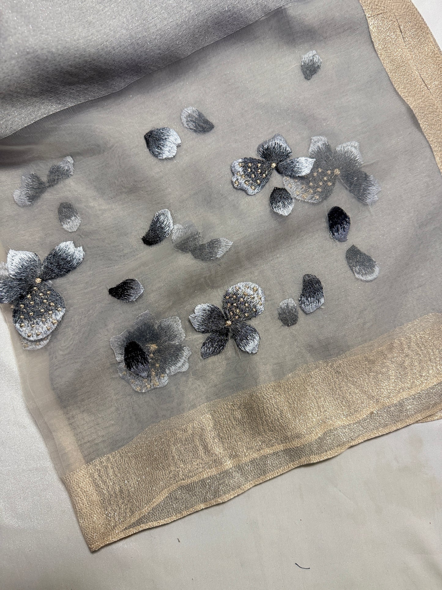 Poppy Flower Embroidered Organza- Luxury Hijabs- Silver
