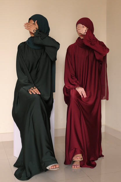 Elysian Bow Sleeve Nida Abaya- Bottle Green