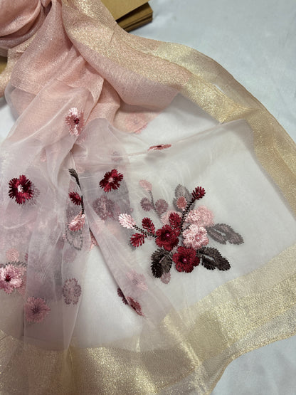 Pearl Floral Embroidered Organza- Luxury Hijabs- Baby Pink