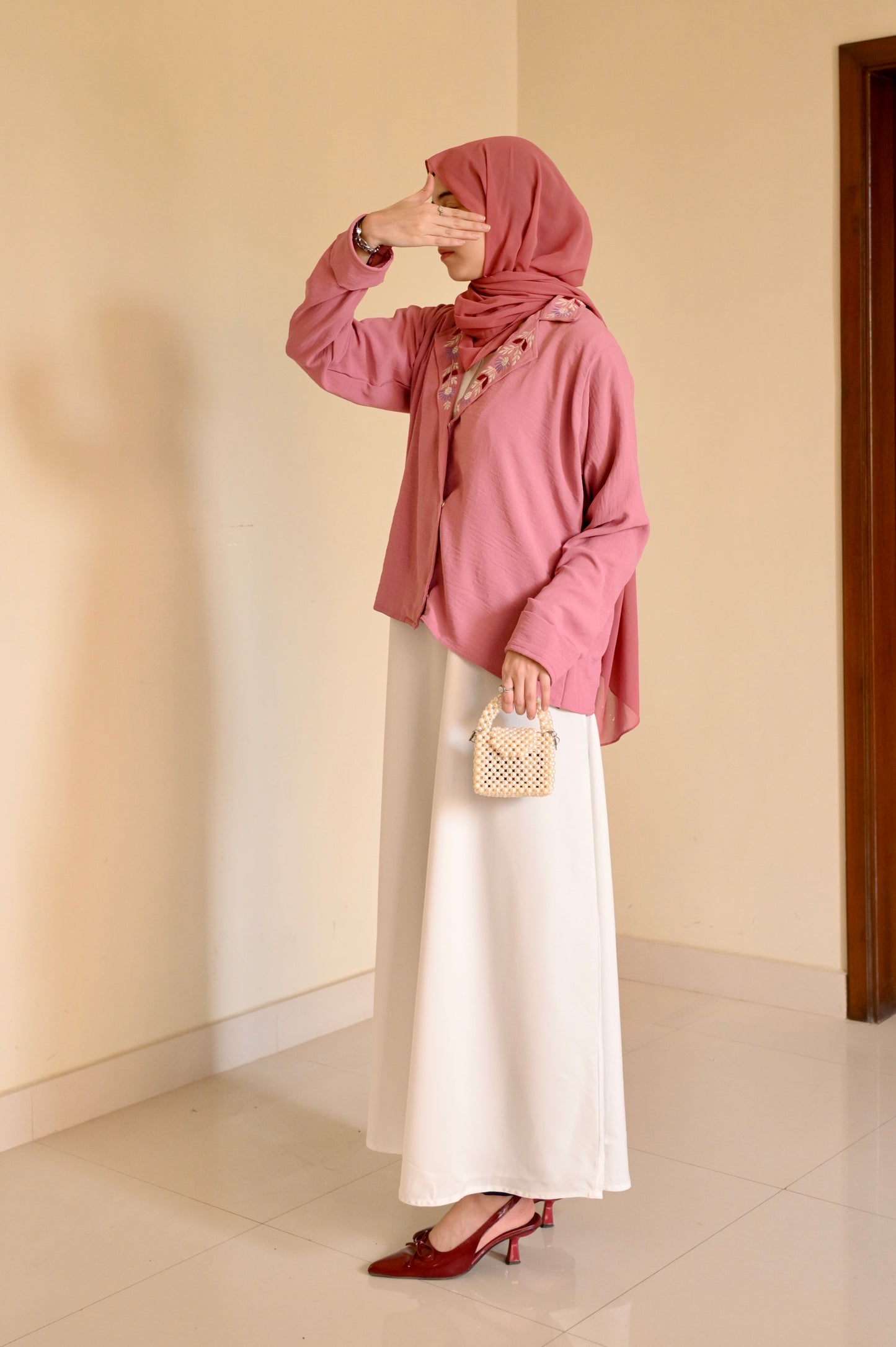 Whispering Petals-Floral Embroidered Half Jacket-  Pink