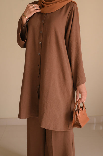 Button Down-Modest Coord Set- Coffee Brown