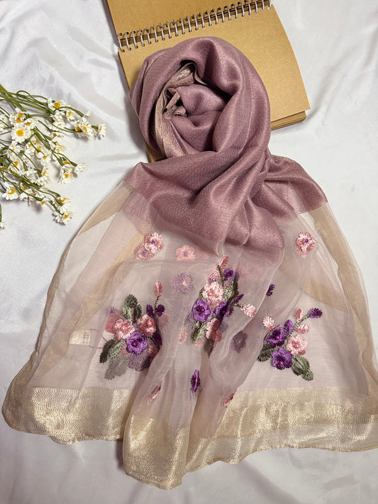 Pearl Floral Embroidered Organza- Luxury Hijabs- Lilac Muave