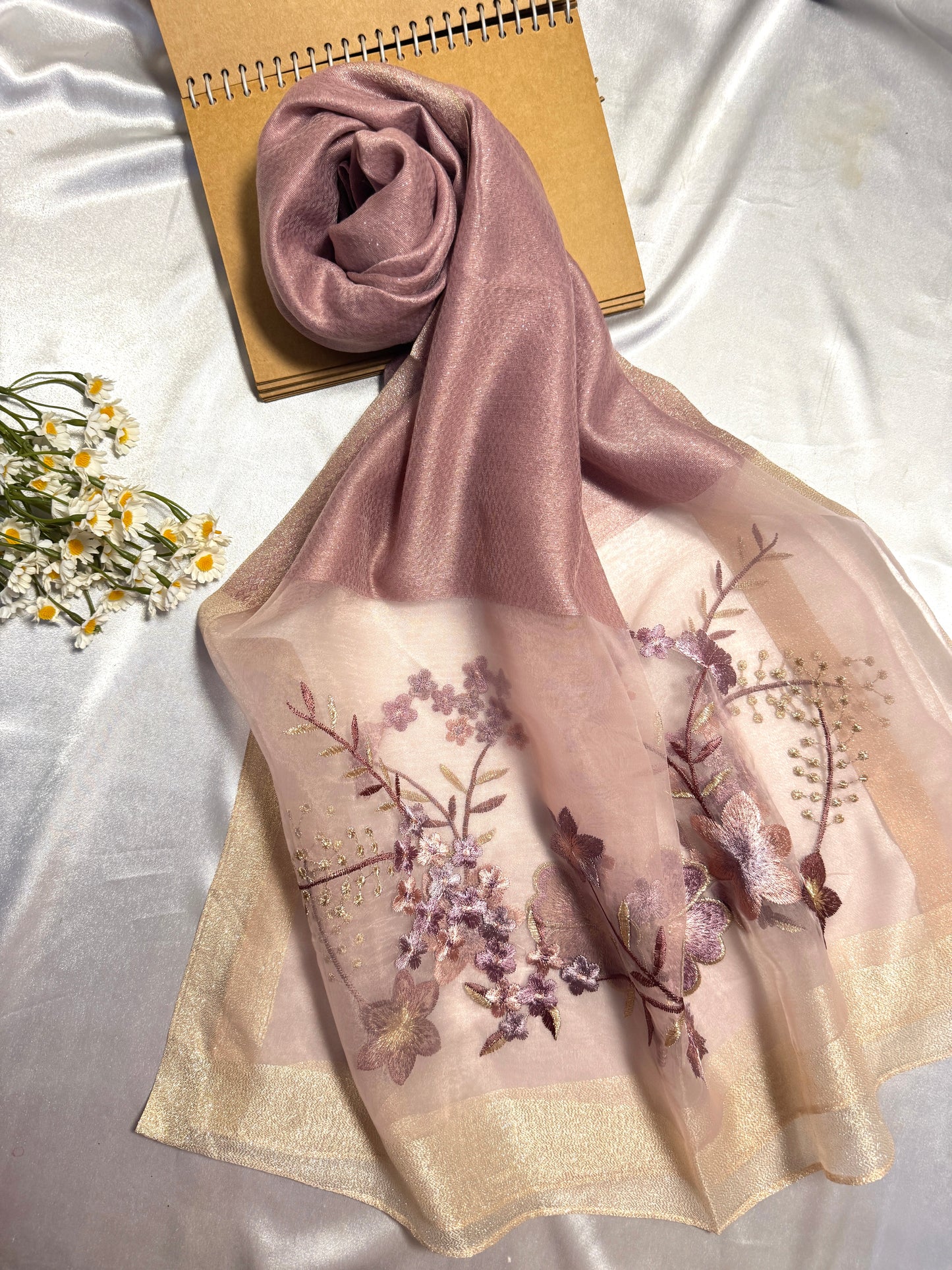 Rose Embroidered Organza- Luxury Hijabs- Lilac Muave